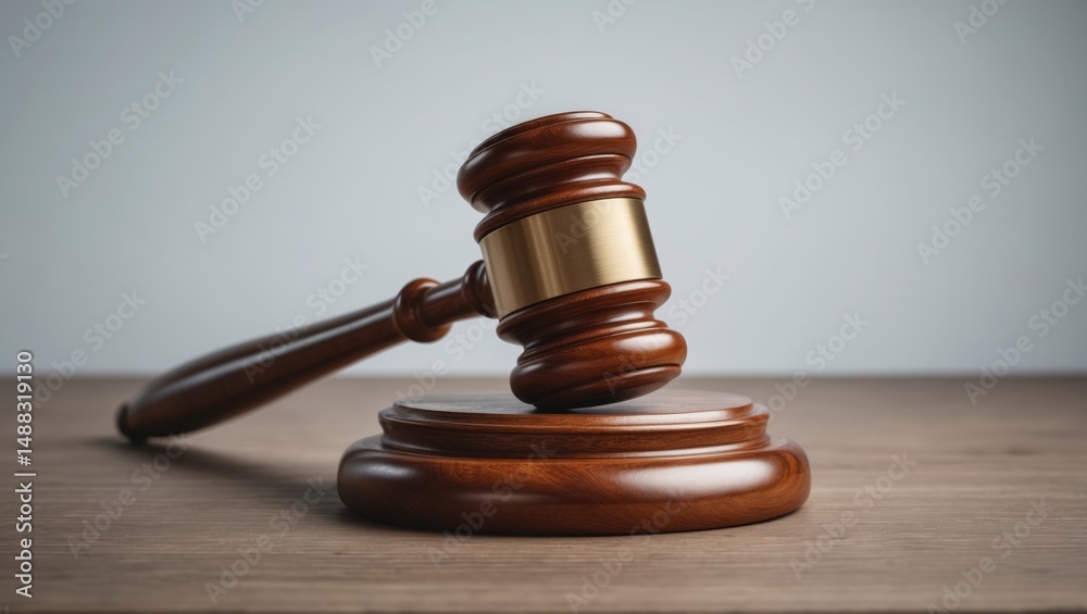 Close-up of a judge's gavel set against a background