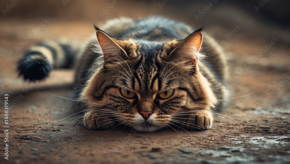Naklejka premium An angry cat is lying on the ground while hungry.
