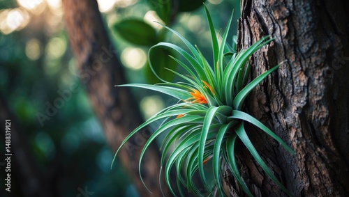 EPIPHYTE PLANT ATTACHED TO A TREE WITH A BACKGROUND LEAF photo