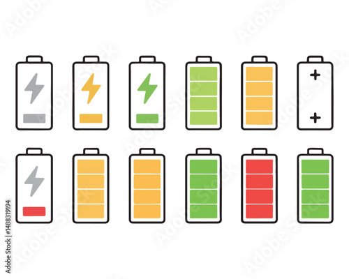 Battery icon set. Battery Full charge indicator or low charge sign,Battery Charging indicator in thin line and flat icon collection. Vector illustration