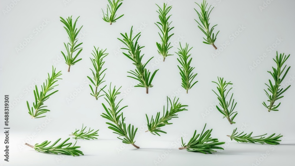 Fototapeta premium Rosemary Falling Against a White Background