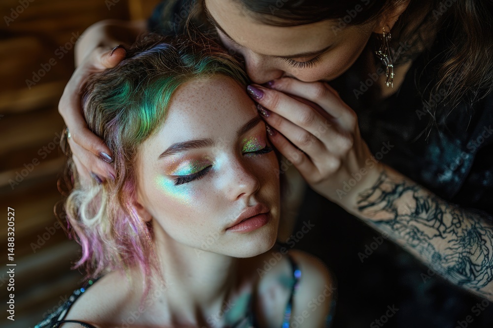 Fototapeta premium Intimate portrait of a woman with colorful hair and glitter makeup being lovingly caressed by another woman.