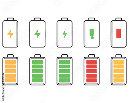 Battery icon set. Battery Full charge indicator or low charge sign,Battery Charging indicator in thin line and flat icon collection. Vector illustration