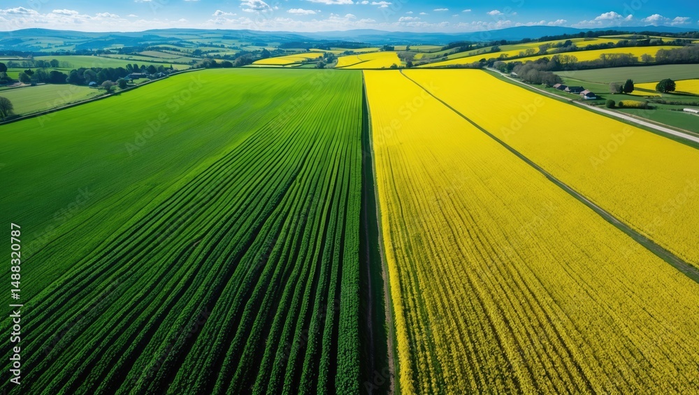 Obraz premium Aerial view of the divide between green and yellow agricultural fields. Overhead perspective of two fields. Rural scenery in the countryside. Agricultural nature backdrop. Farmland areas.