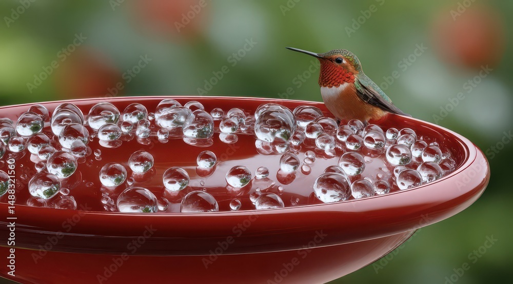 Obraz premium Hummingbird at Water Bowl Surrounded by Bubbles