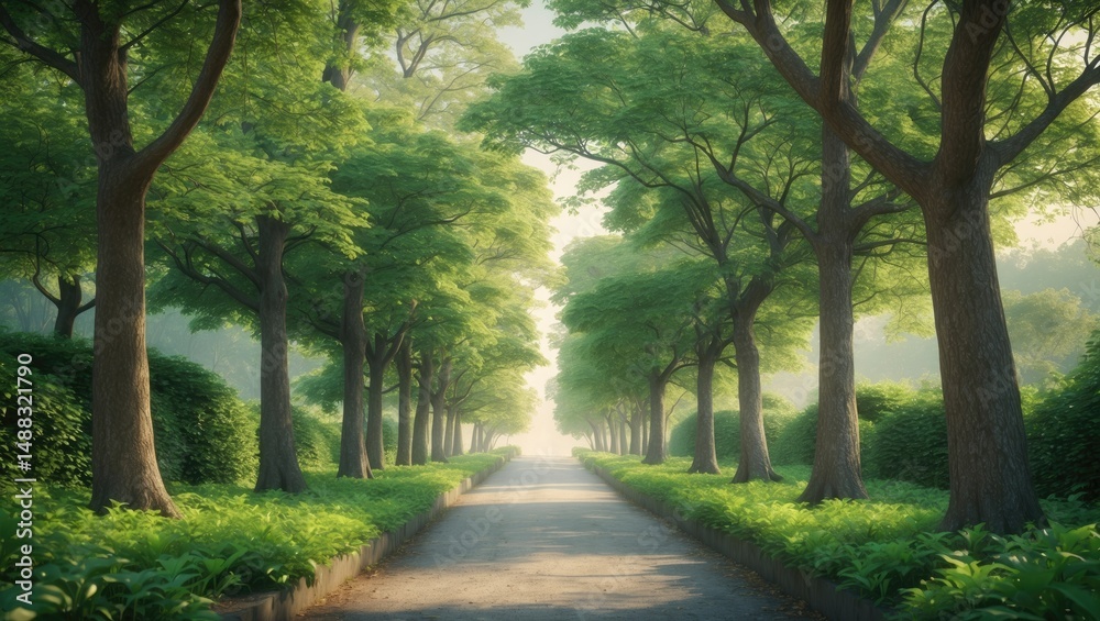 Obraz premium A serene trail enveloped by vibrant foliage and towering trees, beckoning a calming walk in a natural environment
