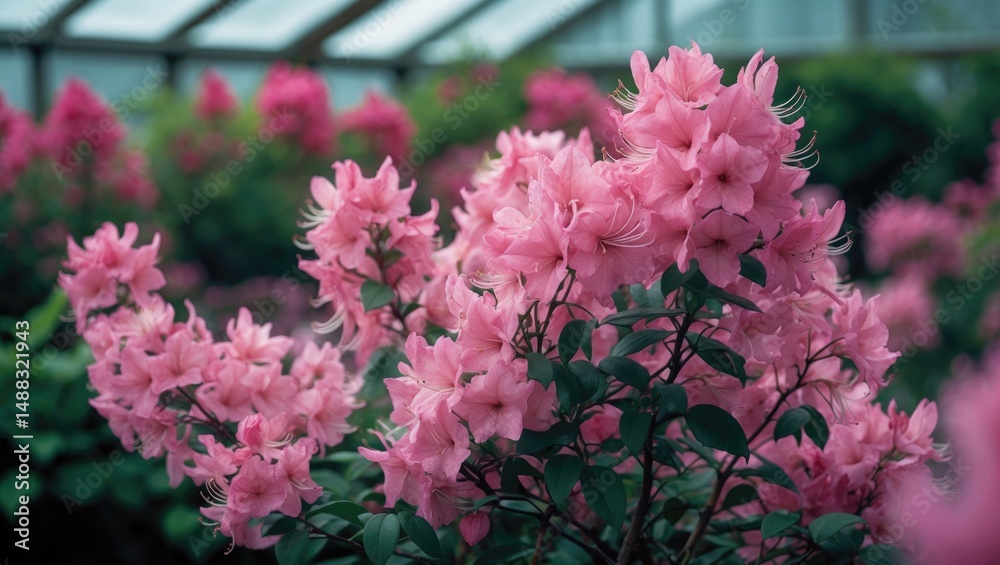 Fototapeta premium Azalea bush in greenhouse with pink flowers.