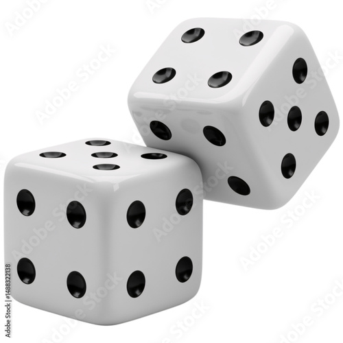 Two white dice with black spots isolated on a transparent background