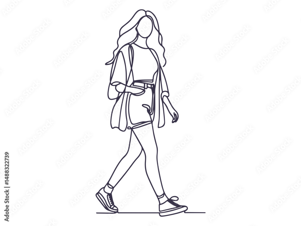 Fototapeta premium Elegant One-Line Drawings of Women Walking in Fashionable Outfits – Minimalist Female Line Art Illustration Set.