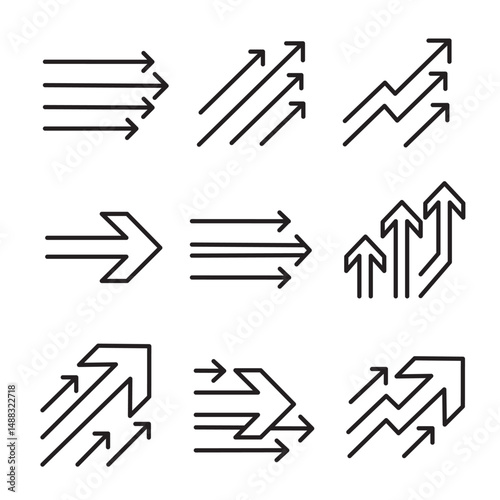 Business success arrow pointers outline icon set isolated on white background. Economy money cryptocurrency stock market growth