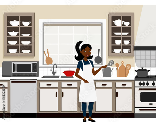 Black Woman Cooking in Kitchen-Cartoon Illustration of Home Chef-Modern Kitchen Interior with Appliances and Cookware-Female Baker Preparing Meal