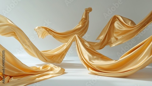 Isolated images of gold satins captured in freeze motion on a white backdrop photo