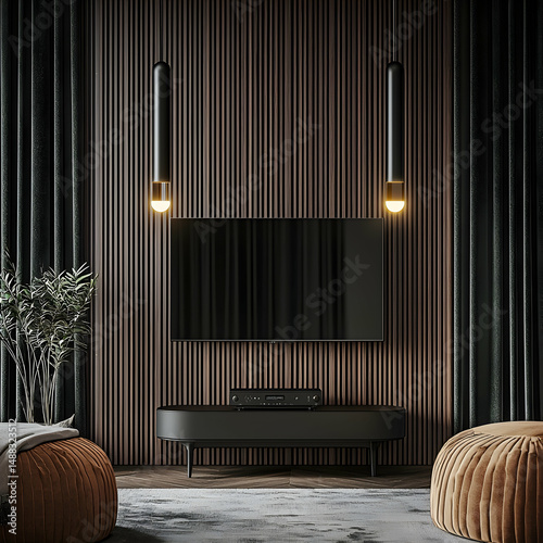 Modern living room with TV, dark wood wall, and velvet poufs