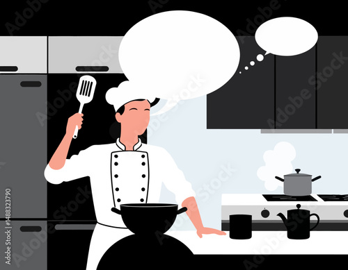 Chef Cooking with Thought Bubbles Illustration-Professional Culinary Design-Cooking Inspiration-Modern Kitchen Scene-Ideal for Food Blogs and Recipe Websites