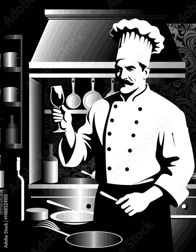 Chef with Wine Glass in Kitchen-Elegant Black and White Illustration-Culinary Arts-Fine Dining Experience-Professional Cook-Restaurant Decor-Gourmet Food Preparation