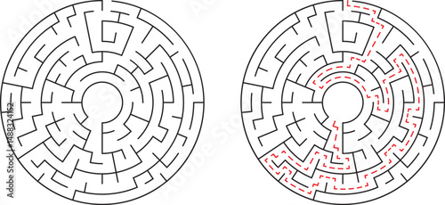 A challenging circular maze with a solved path illustrated by a red dotted line