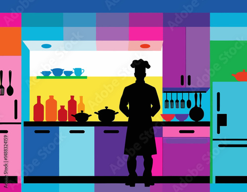 Colorful Kitchen Illustration with Chef Silhouette - Modern Kitchen Art Print - Home Decor for Food Lovers - Vibrant Kitchen Design - Chef Inspired Artwork