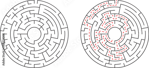 Complex circular maze with solution showing route through puzzles for conceptual design