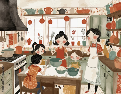 Family Baking Illustration-Vintage Kitchen Art-Children Baking with Mom-Nostalgic Home Scene-Cute Kids Cooking-Family Time in the Kitchen-Illustrated Cookbook Style-Home Baking Fun
