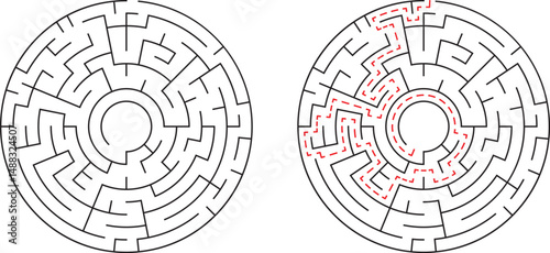 Circular maze puzzle with solved path shown in red color for problem solving