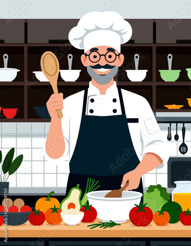 Happy Chef Cooking Healthy Meal - Cartoon Illustration of Cook with Fresh Vegetables - Recipe Inspiration for Home Cooking Enthusiasts
