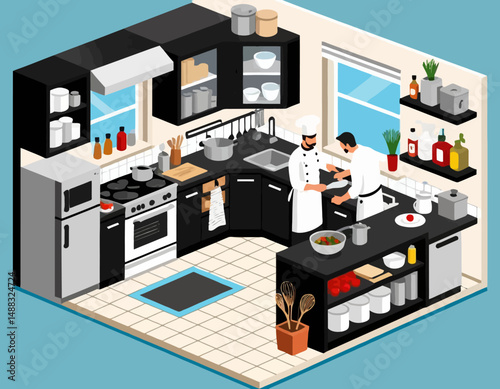 Isometric Kitchen Illustration-Chefs Preparing Food-Modern Kitchen Design-Black Cabinets and Appliances-Culinary Scene-Creative Kitchen Interior-Food Preparation-Professional Chefs-Contemporary 