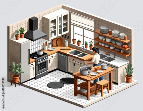 Isometric Kitchen Scene - Woman Cooking - Minimalist Design - Cozy Home Interior - Modern Kitchen with Plants - Clean and Organized Space