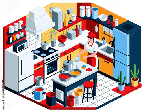 Isometric Kitchen Scene - Chef Preparing Food - Colorful Interior Design - Culinary Arts Illustration - Home Cooking Concept - Modern Kitchen Artwork