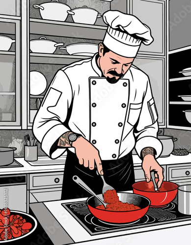 Professional Chef Cooking in Kitchen - Culinary Art - Food Preparation - Fine Dining - Artistic Illustration - Delicious Cuisine - Restaurant Chef - Gourmet Cooking - Fine Art Style