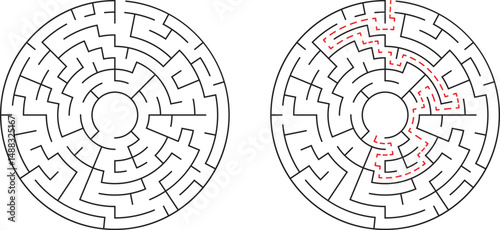 Circular maze illustration with solution path showing problem solving and strategic thinking