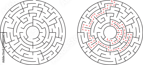 Two circular mazes one with a solved path showing the correct route to the center
