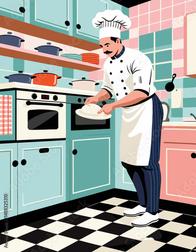 Retro Kitchen Scene - Cartoon Chef Preparing Meal - Vintage Style Culinary Illustration - Home Cooking in a Colorful Kitchen- Nostalgic Kitchen Decor