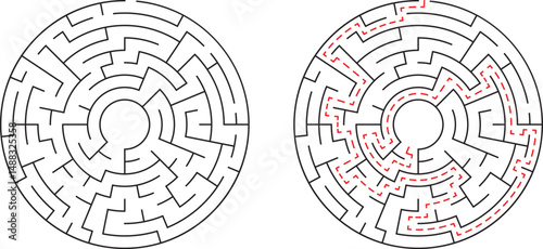 Circular maze illustration with two variations showing solution path and unsolved puzzle