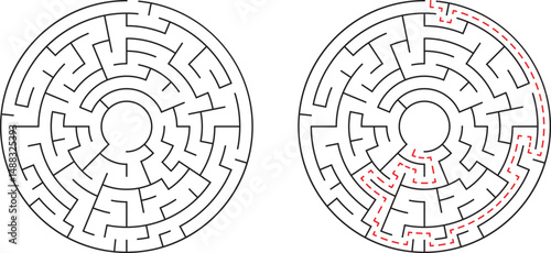 Circular maze puzzle with solution path showing guidance and problem solving concept