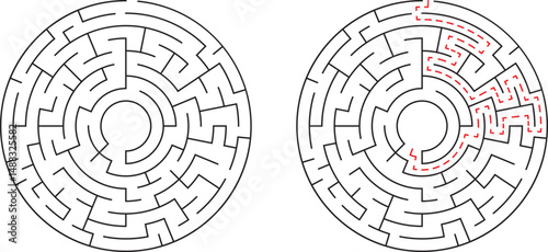 Circular maze with solution illustrated demonstrating navigation and problem solving concepts