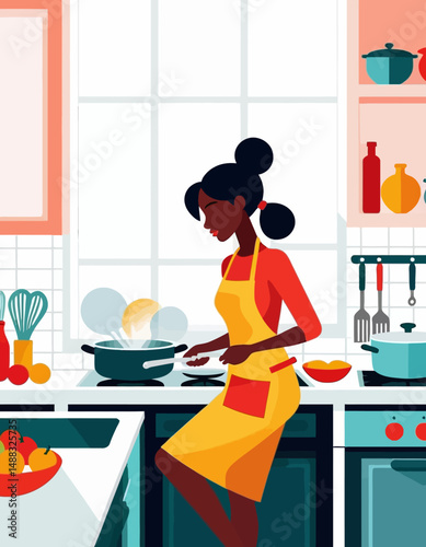 Woman cooking in a kitchen illustration- Modern art style depicting a chef in a yellow apron preparing food on the stovetop- Home cooking and lifestyle illustration