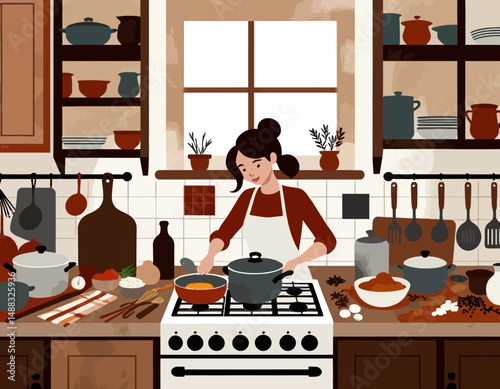Woman cooking in kitchen illustration-Modern kitchen with cooking utensils-Illustration of a person preparing food at home-Cooking at home concept