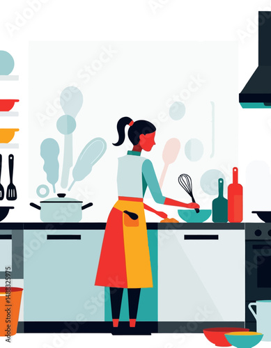 Woman Cooking in Modern Kitchen Illustration - Minimalist Chef Preparing Food - Colorful Kitchen Scene with Pots, Pans, and Utensils - Home Cooking Art