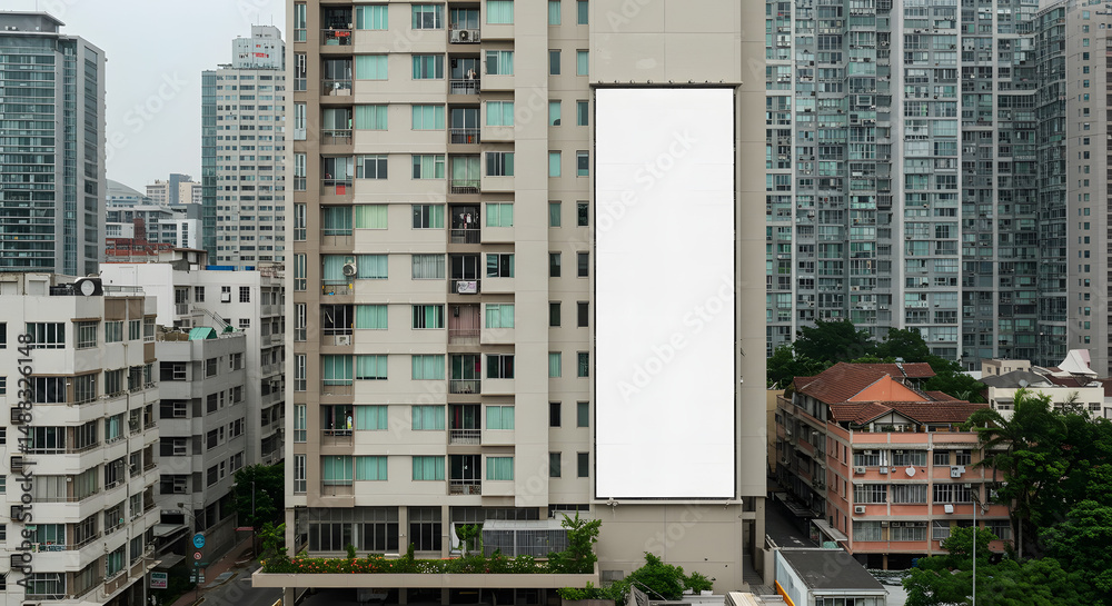 Fototapeta premium Blank Vertical Billboard on Urban Residential Building in Cityscape
