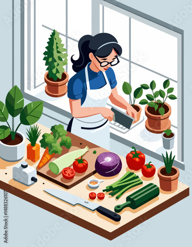Woman Preparing Fresh Vegetables in Kitchen - Healthy Cooking with Natural Ingredients - Kitchen Garden and Culinary Arts - Vibrant Colors and Clean Design