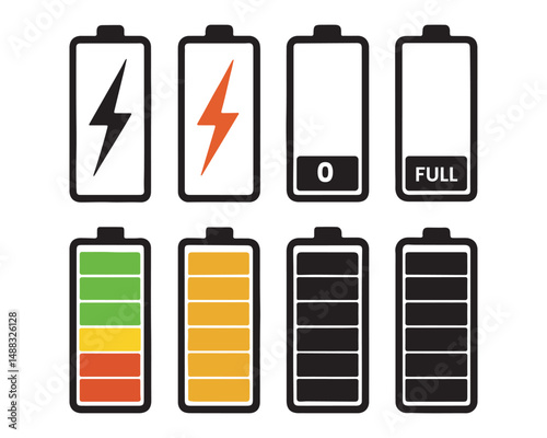Battery icon set. Battery Full charge indicator or low charge sign,Battery Charging indicator in thin line and flat icon collection. Vector illustration