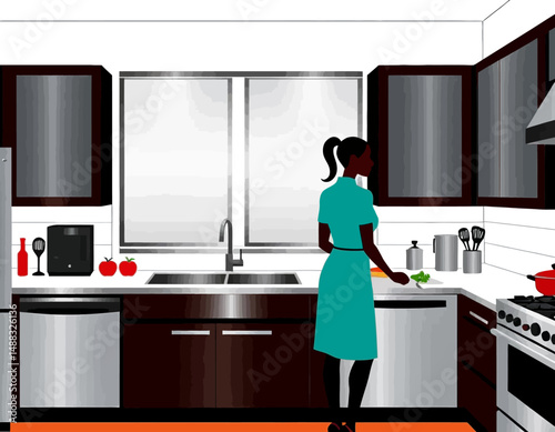 Woman Prepares Meal in Modern Kitchen - Stylish Kitchen Design with Stainless Steel Appliances - Healthy Cooking and Home Lifestyle - Illustration of Woman Cooking