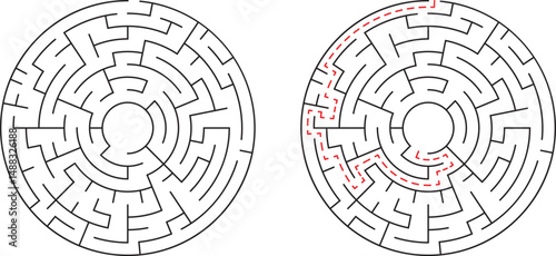 Two circular mazes one solved with the solution path indicated in red color