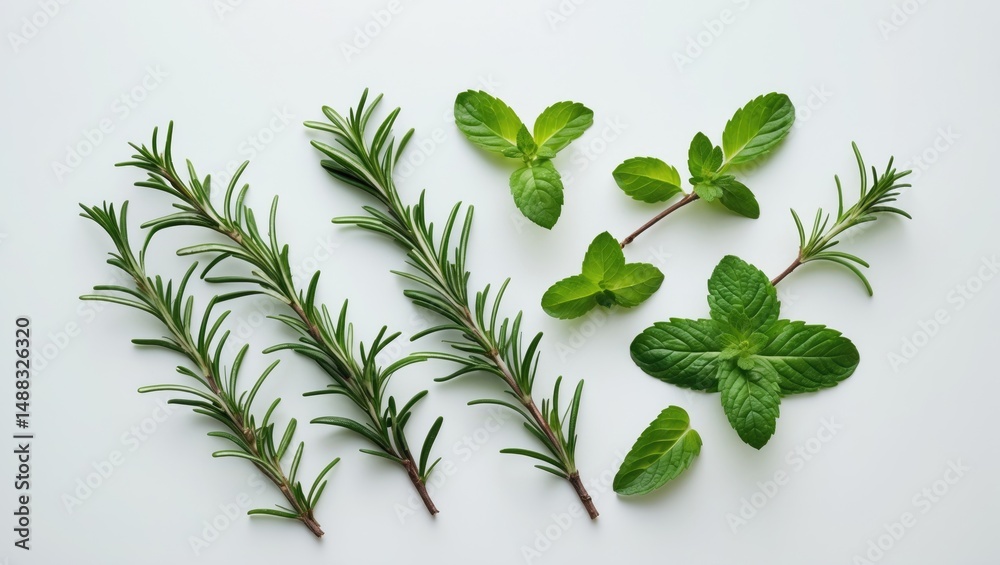 Obraz premium Mint and rosemary sprig set against a backdrop