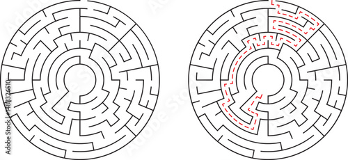 Complex circular maze solution with red path illustrating problem solving and success