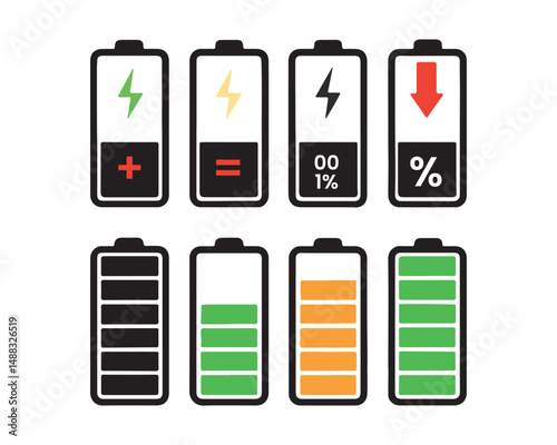 Battery icon set. Battery Full charge indicator or low charge sign,Battery Charging indicator in thin line and flat icon collection. Vector illustration