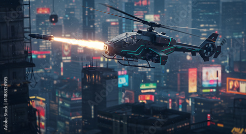Futuristic Attack Helicopter Firing Missile Over Cyberpunk Cityscape at Night