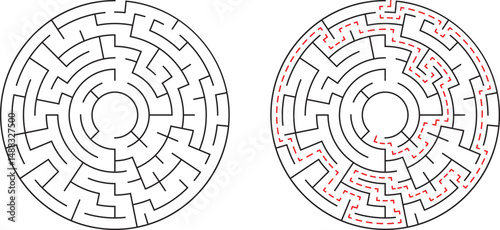 Circular labyrinth puzzle with solution path shown in red color for problem solving concepts