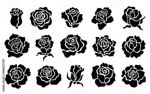 Rose silhouette icon. Black floral decorative elements, simple stamp flower bud, abstract roses botanical stamps for logo. Vector floral tattoo isolated set