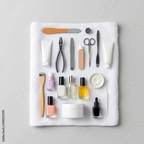 Flat lay of professional manicure tools and cosmetics on white towel